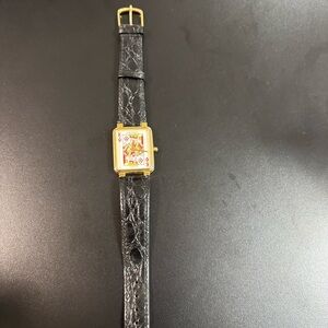 King of Diamonds Black Leather Strap Watch with Gold Accents